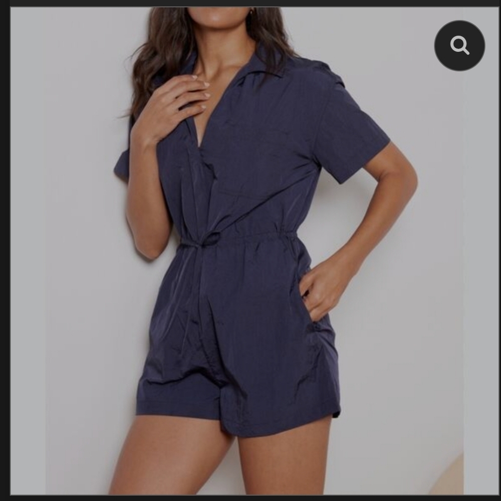 Sweaty Betty Anytime Short Sleeve Romper Womens M NAVY Nylon Zip Up Tie Front